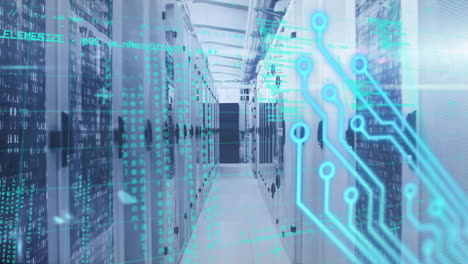 animation of circuit board and data processing over computer servers
