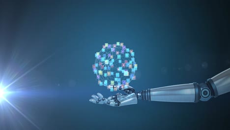 animación de una red de iconos de medios sobre la mano del brazo del robot, con luz en movimiento sobre un fondo oscuro
