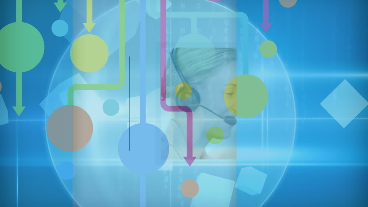 Animation of network of connections with icons over business people using phone headsets