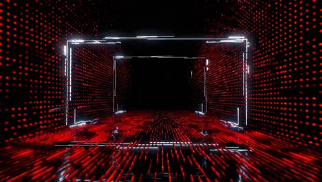 futuristic video scene with a low-angle view of a tunnel of red and black digital dots