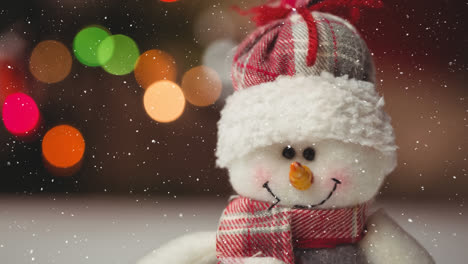 snow falling over close up of snowman toy against spots of light