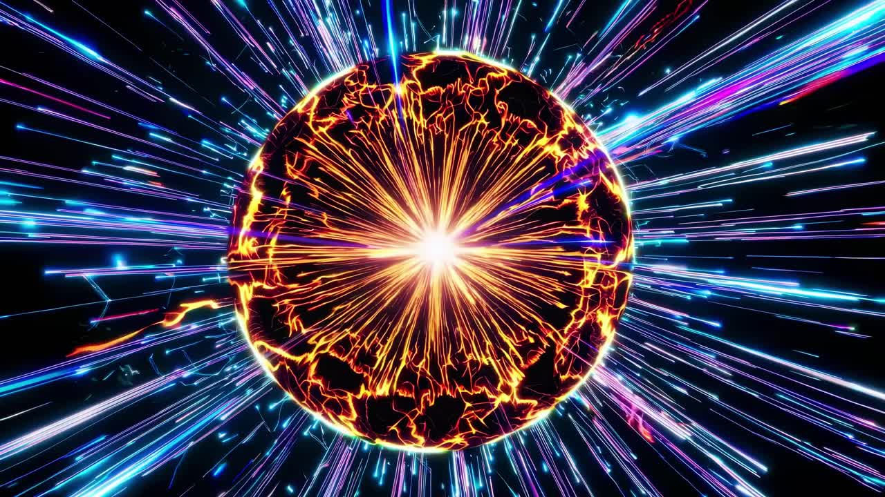 Dynamic explosion of colorful light beams radiating from a central point