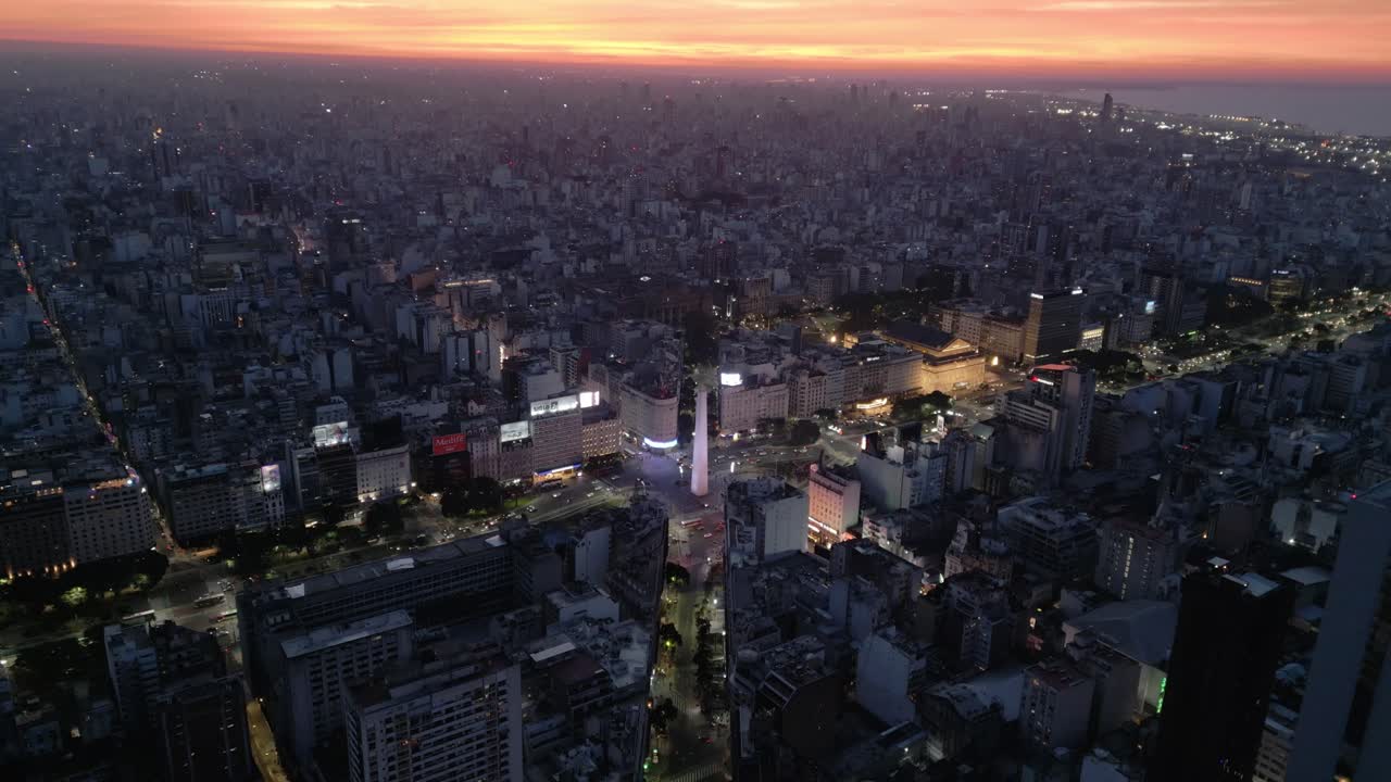Aerial drone view at sunset of the old town and the Obelisco in Buenos Aires, Argentina