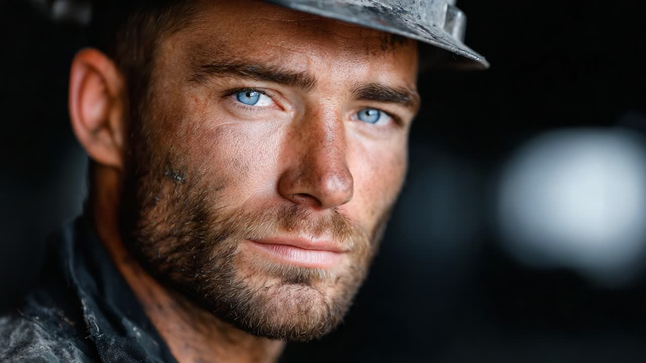 A Close-Up Portrait of a Rugged Worker: Strength and Resilience Captured in His Gritty Expression, Showcasing the Hardships of Labor in an Industrial Setting