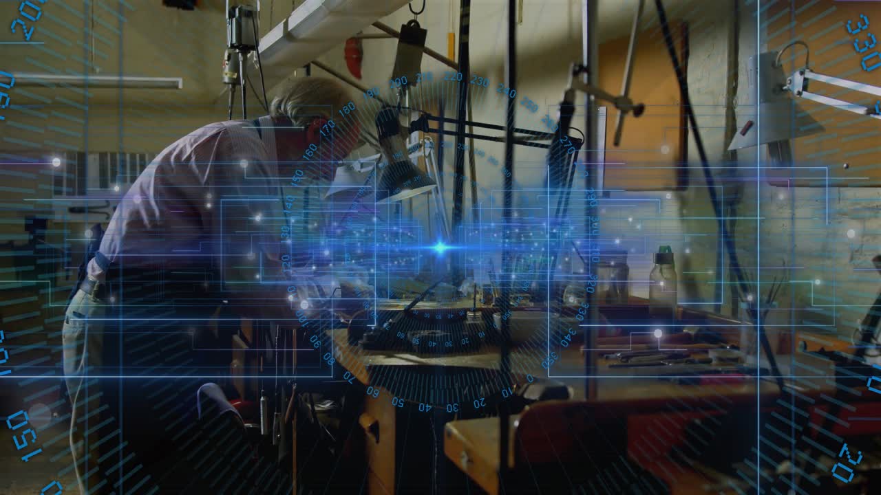 Senior tech inspecting metal part on bench activating technology data overlay guiding measurements