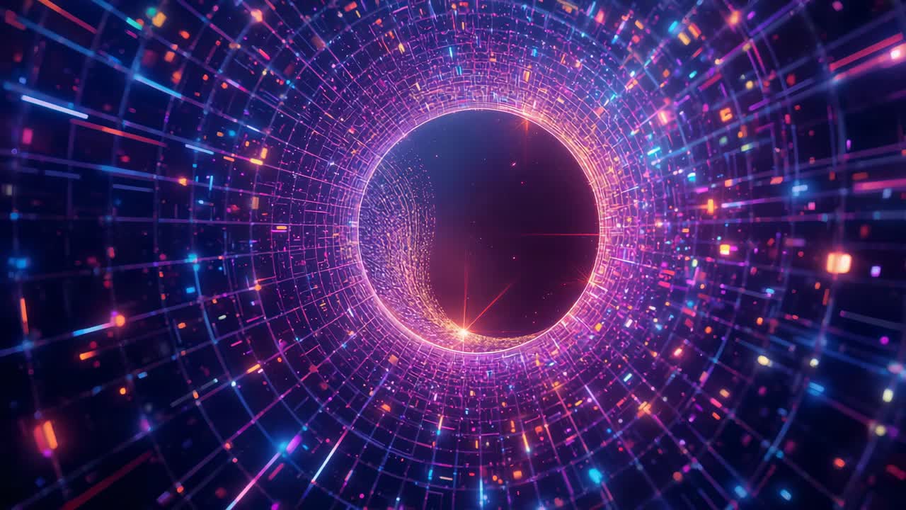 Tunnel concentrico illuminante pulsante, che invia blocchi neon verso uno spazio vuoto scuro, a suggerire un flusso di dati