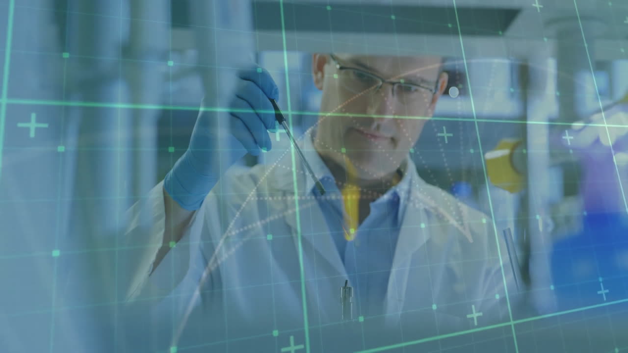 animación de una cadena de adn sobre un científico caucásico haciendo un experimento en el laboratorio