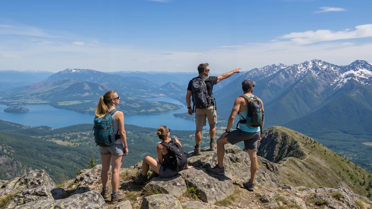 Gruppo di amici in piedi su una cima rocciosa di montagna che ammira un paesaggio panoramico con laghi e montagne.
