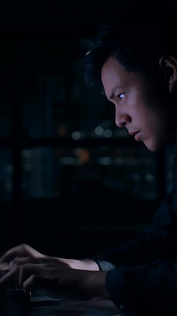 Vertical video: PC glow drawing Asian man in dark shirt typing keys at window working, copy space
