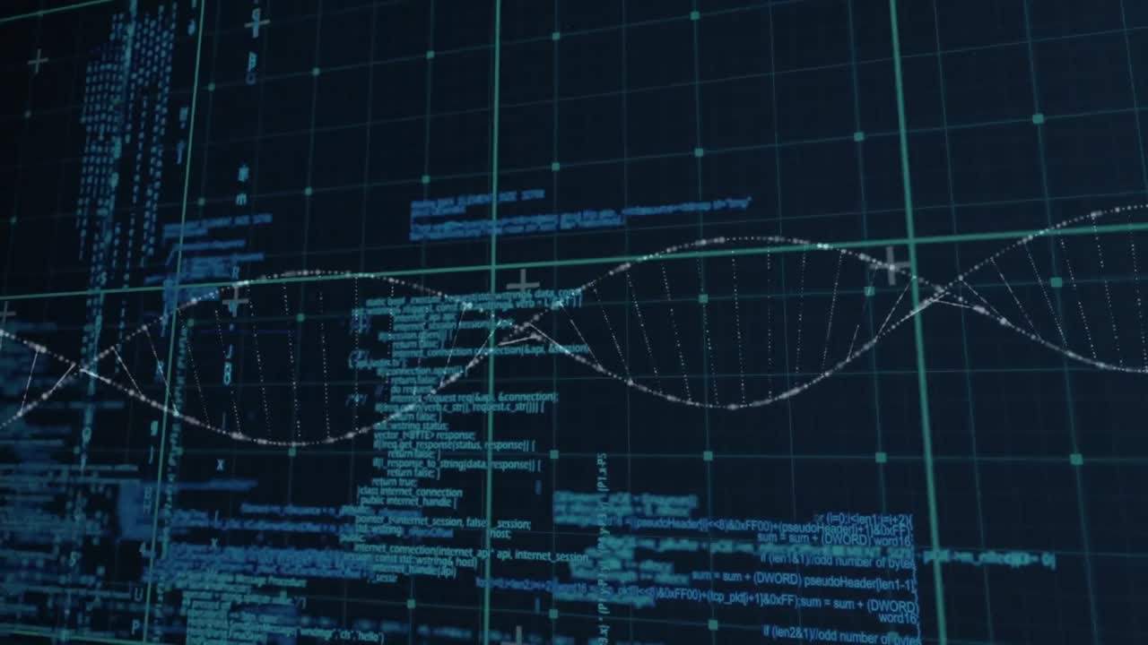 Animation of digital screen with data and dna on black background
