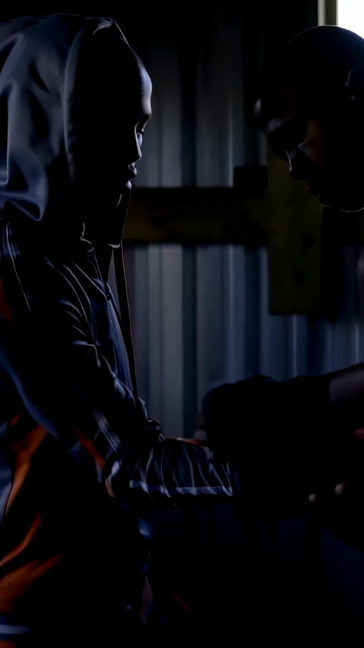 Vertical video: Entering coach fitting red mitts for training on hooded teen in shed, copy space