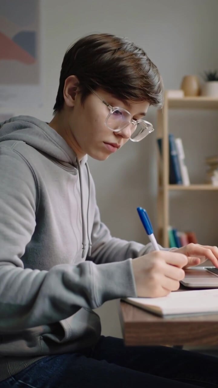 Vertikal video: Løfter blå penn, hettekledd student skriver notater og taster på bærbar PC ved hjemmekontorpulten