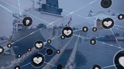 animation of network of connections with icons and delivery drone over ship and port