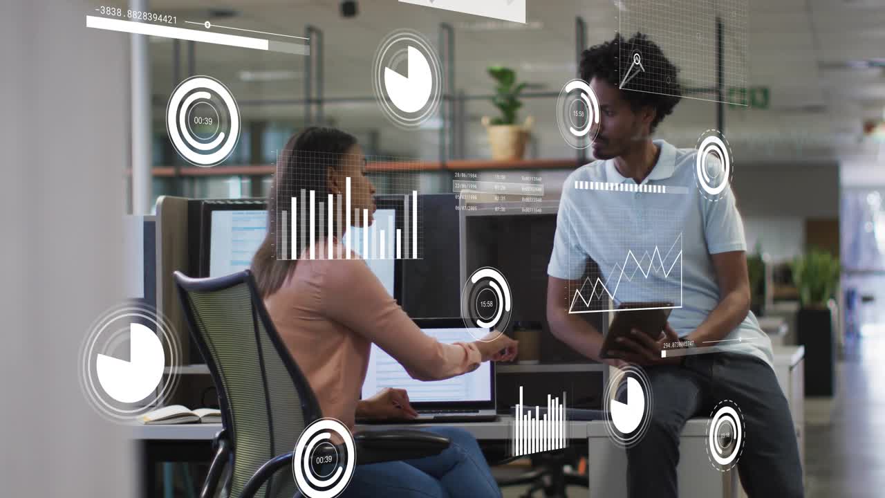 Woman gesturing to laptop while man approaching with tablet AR charts guiding business decision