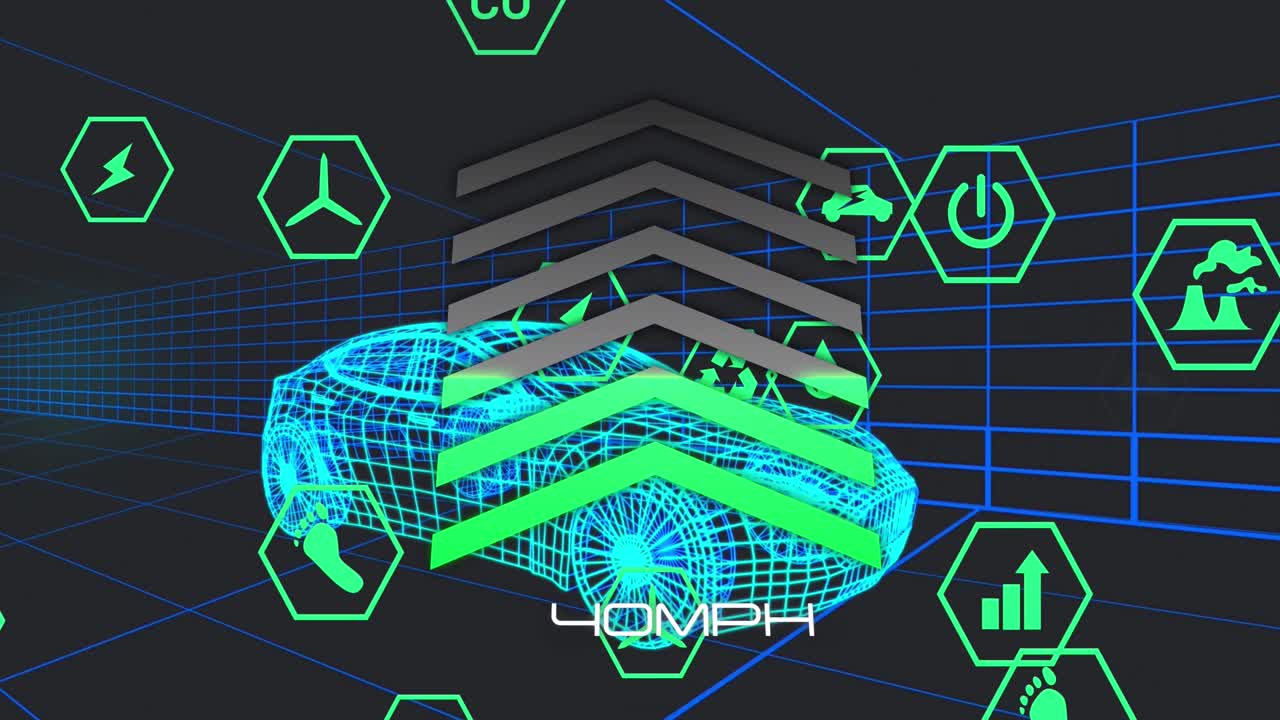 에코 아이콘, 화살표 및 데이터 처리의 애니메이션 자동차의 3d 드로잉