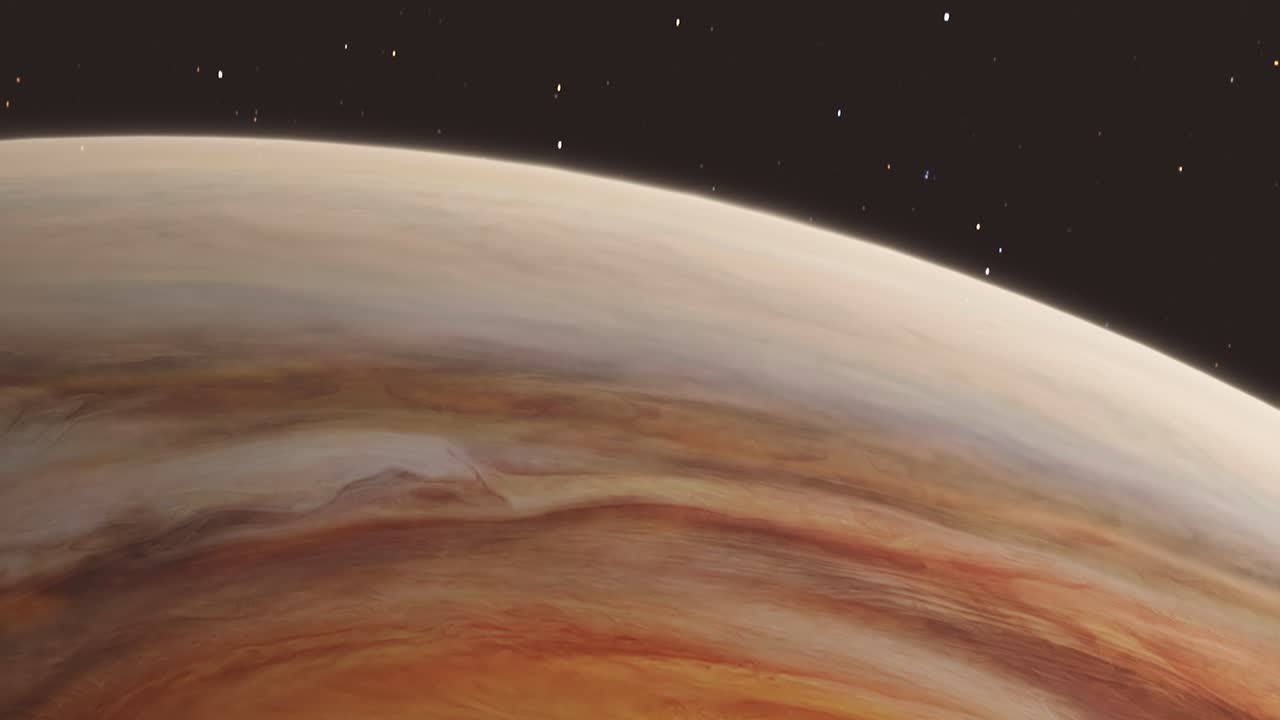 vista descendente rápida desde el espacio del planeta júpiter y una gran tormenta de ojos rojos con fondo de estrellas 4k