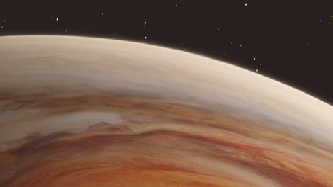 vista descendente rápida desde el espacio del planeta júpiter y una gran tormenta de ojos rojos con fondo de estrellas 4k