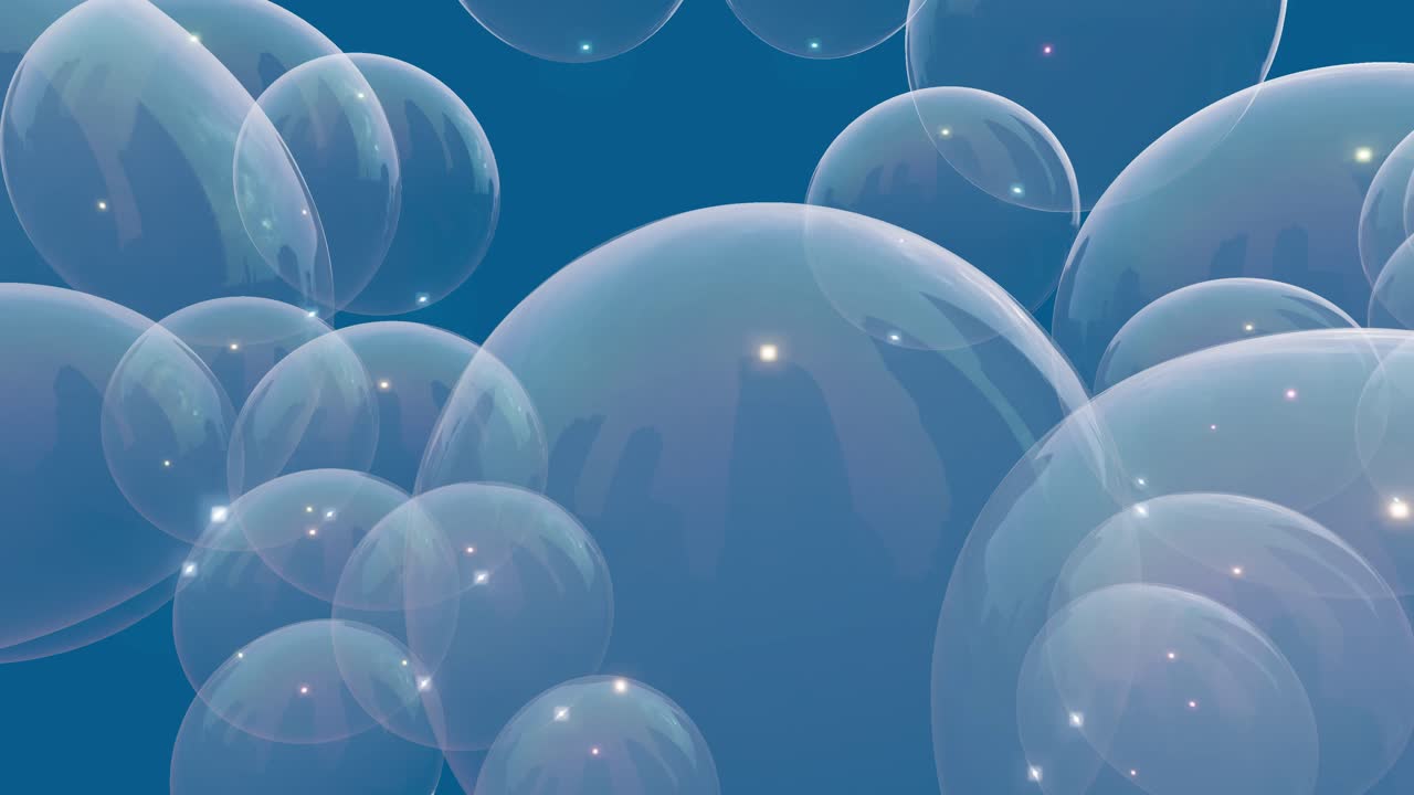 Transparent iridescent bubbles drift slowly across a blue background with sparkling light reflections throughout