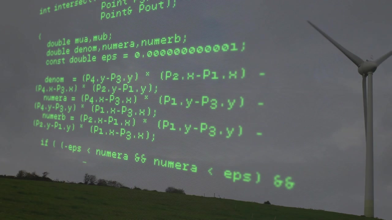 Appearing green code overlay scrolling down-left over gray pasture, visualizing code over turbine