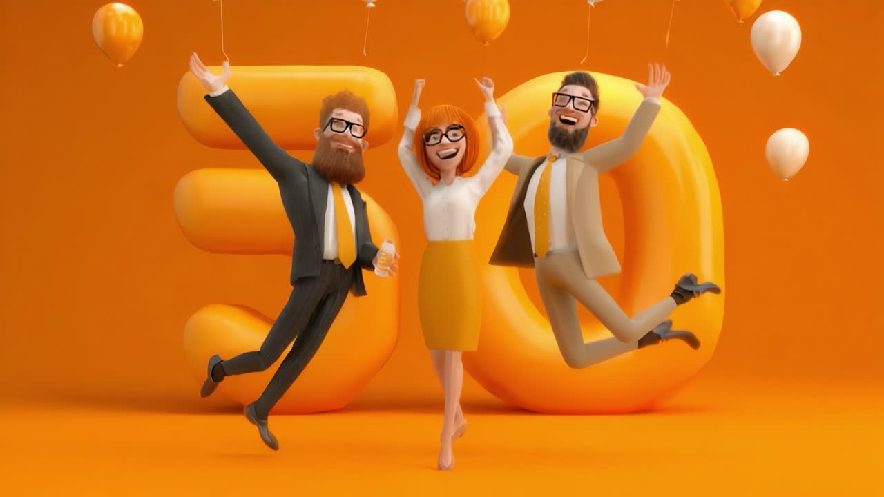 Celebrating Milestone Achievements with Joyful Characters in a Festive Atmosphere Surrounded by Balloons Against a Vibrant Orange Background Featuring a Bold 50