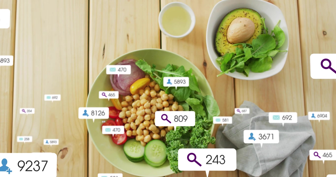 Search icon appearing, badges floating, clustering, fading over bowl with salad, showing engagement