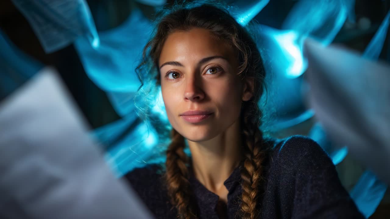 A thoughtful young woman gazes intently at the viewer, immersed in an ethereal atmosphere created by flowing blue light and sheets of paper surrounding her, conveying curiosity and intrigue