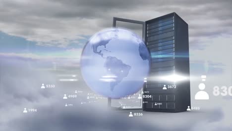 Multiple-profile-icons-with-increasing-numbers-over-globe-and-computer-server-against-clouds-in-sky