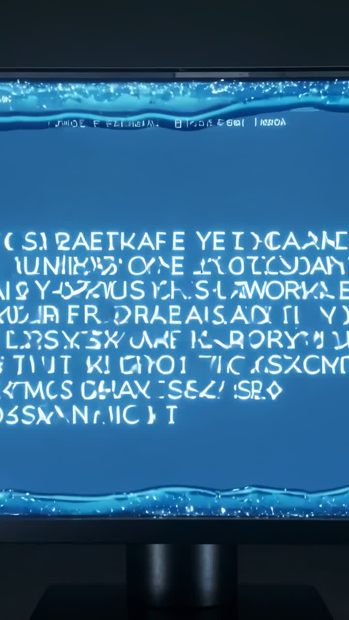 Vertical video: Playing TV on stand in dark room showing blue text warping under liquid then stars