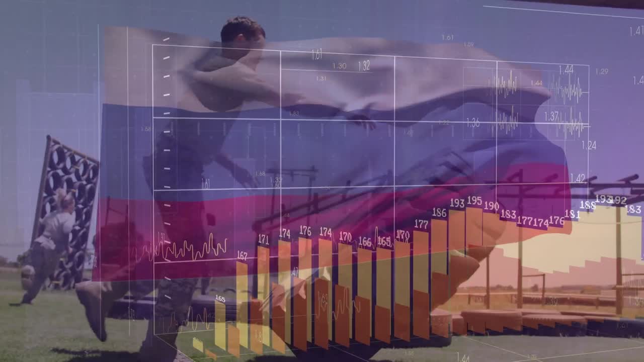 animación del procesamiento de datos sobre la bandera de rusia y varios soldados