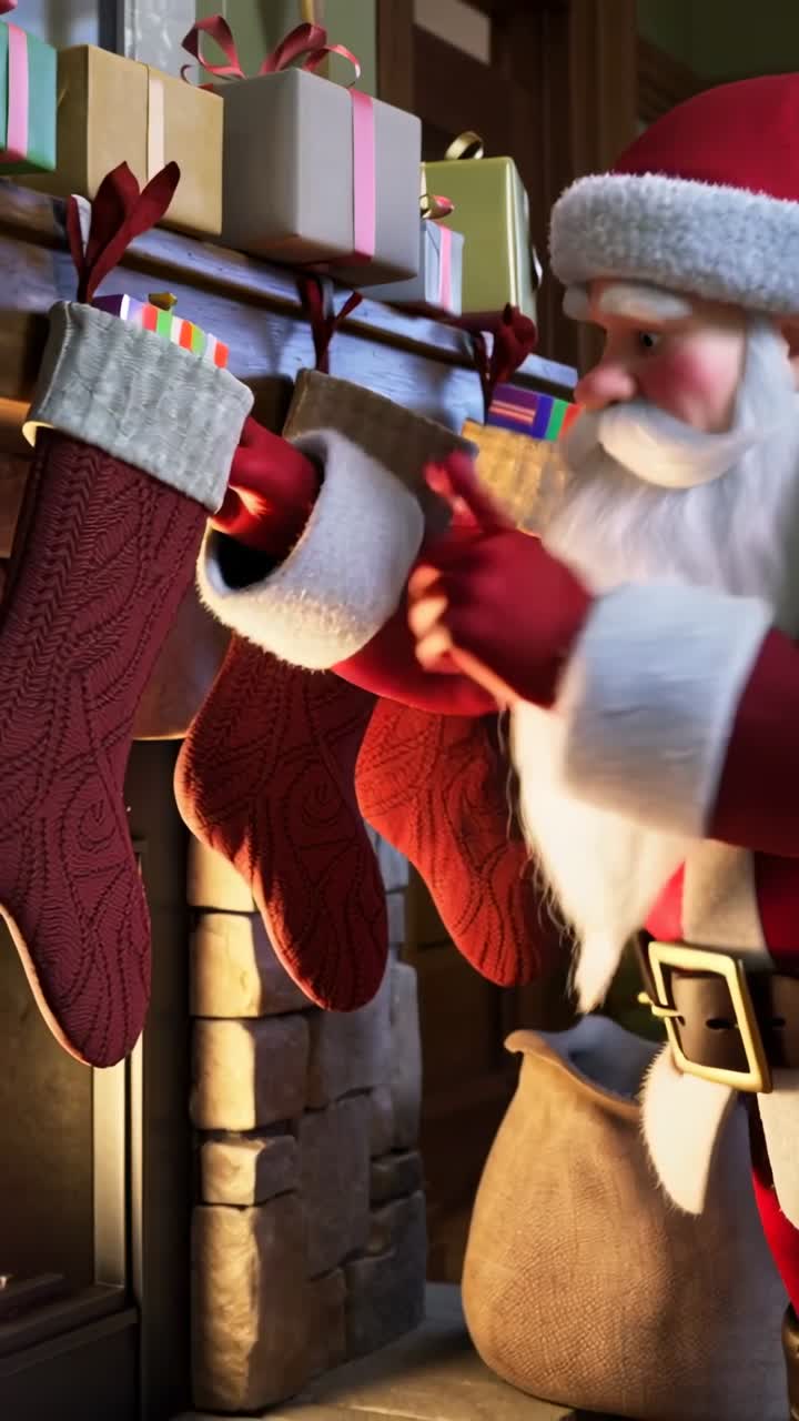 Vertical video: Opening sack, Santa Claus placing gifts into stockings at fireplace, copy space