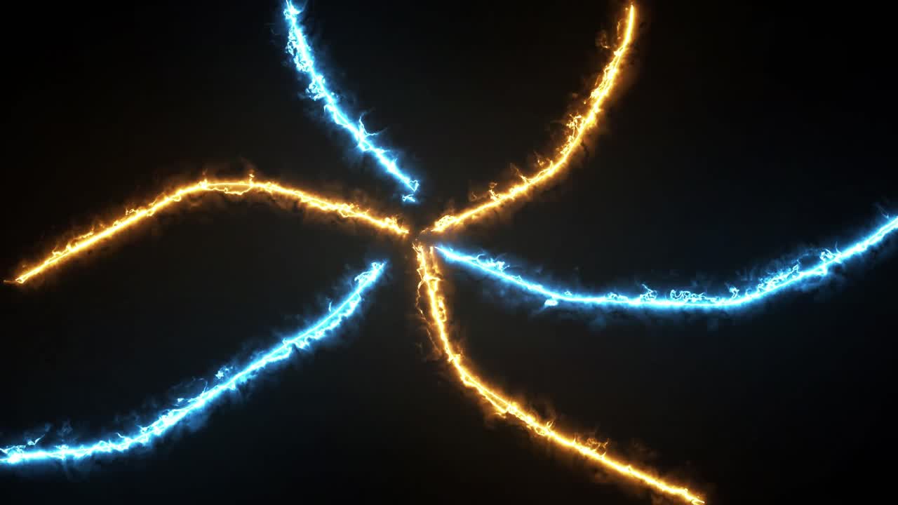 Two glowing neon lines, one blue and one orange, move and undulate like energy streams on black background. For sci-fi, tech, or versus concepts