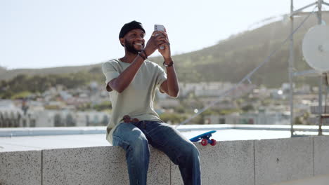 Smartphone,-selfie-and-black-man-on-rooftop