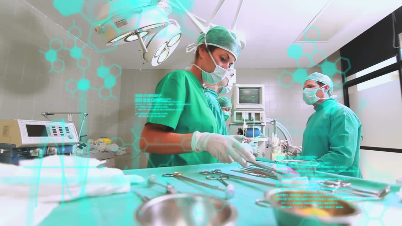 animación del procesamiento de datos científicos y estructuras químicas sobre diversos cirujanos que operan