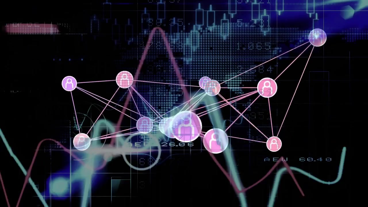 Gráfico de linha azul percorrendo nós rosa-púrpura, rede em expansão pulsando, representando finanças
