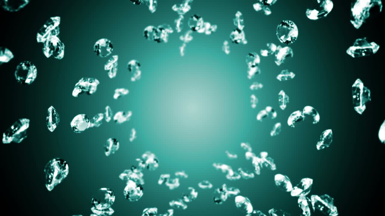 에메랄드 녹색 바탕에 많은 보석 다이아몬드를 날아. 투명하고 귀중한 보석을 빛니다. 화려한 다이애몬드 회전의 3d 애니메이션. 루프 애니메이션.
