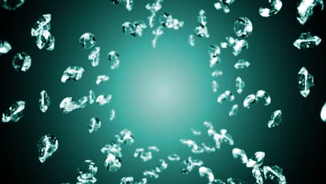 volando muchos diamantes de joyería en fondo verde esmeralda. brillar transparente, joya preciosa. animación 3d de diamante brillante girando. animación de bucle.