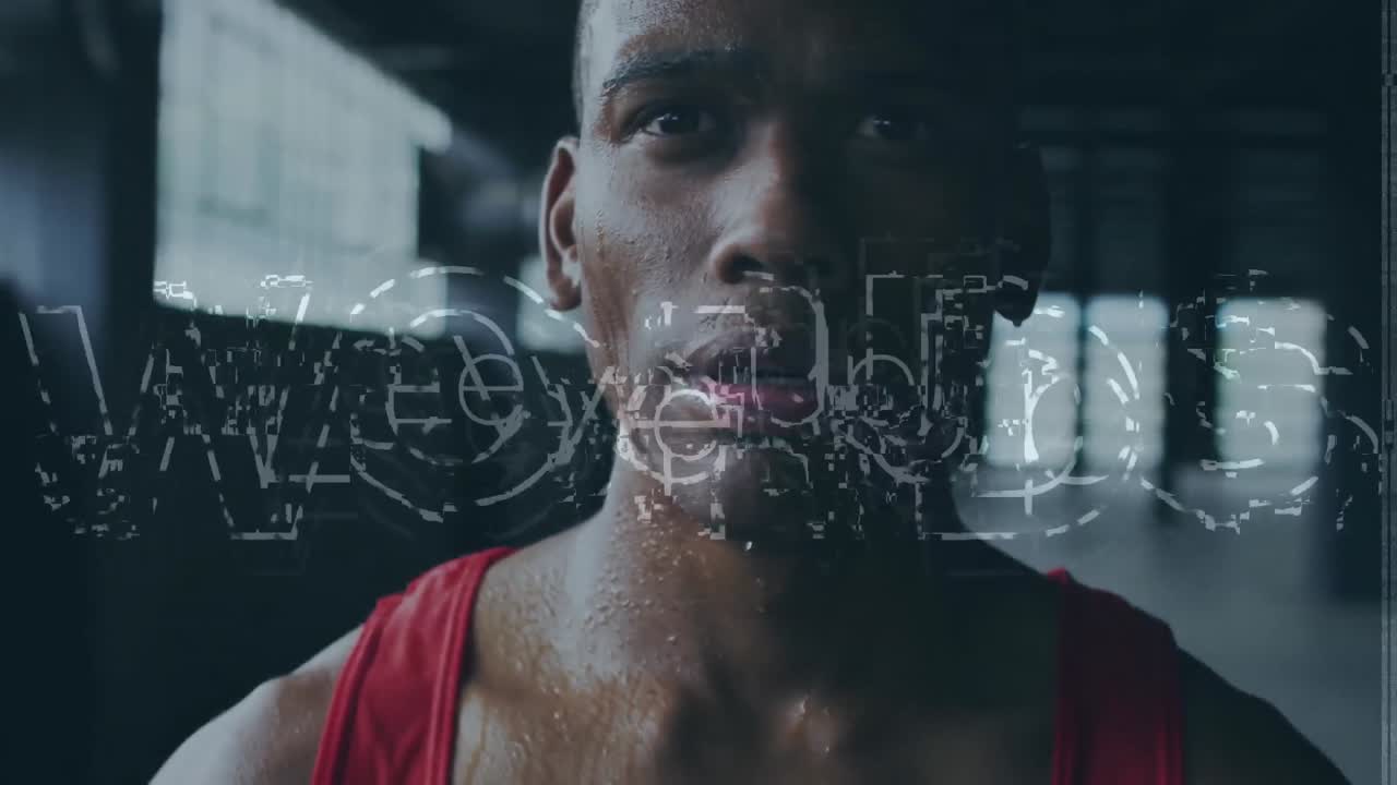 Animation of level up text over african american sportsman at gym