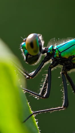 close-up of a green dragonfly on a leaf