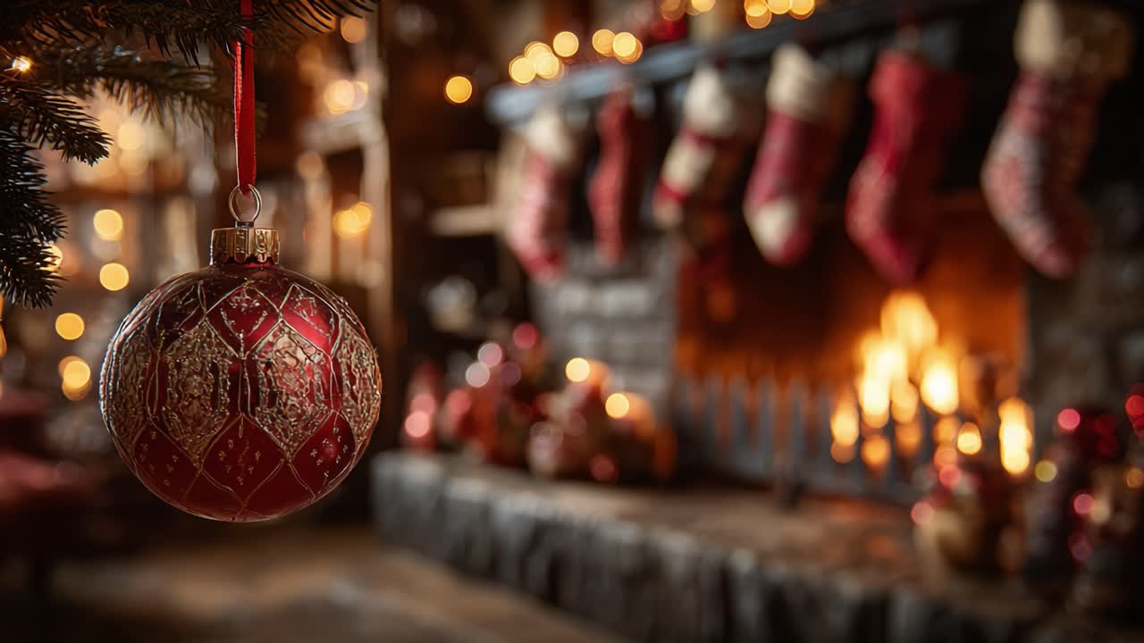 A Cozy Christmas Scene Featuring a Beautifully Decorated Red Ornament Hanging from a Tree, Surrounded by Stockings and a Warm Hearth Overflowing with Holiday Spirit