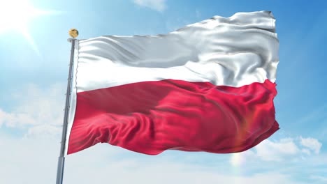 poland flag waving in the wind against deep blue sky. national theme, international concept. 3d render seamless loop 4k