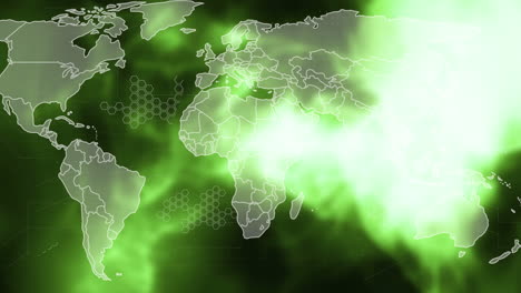 animation of data processing over world map on green background