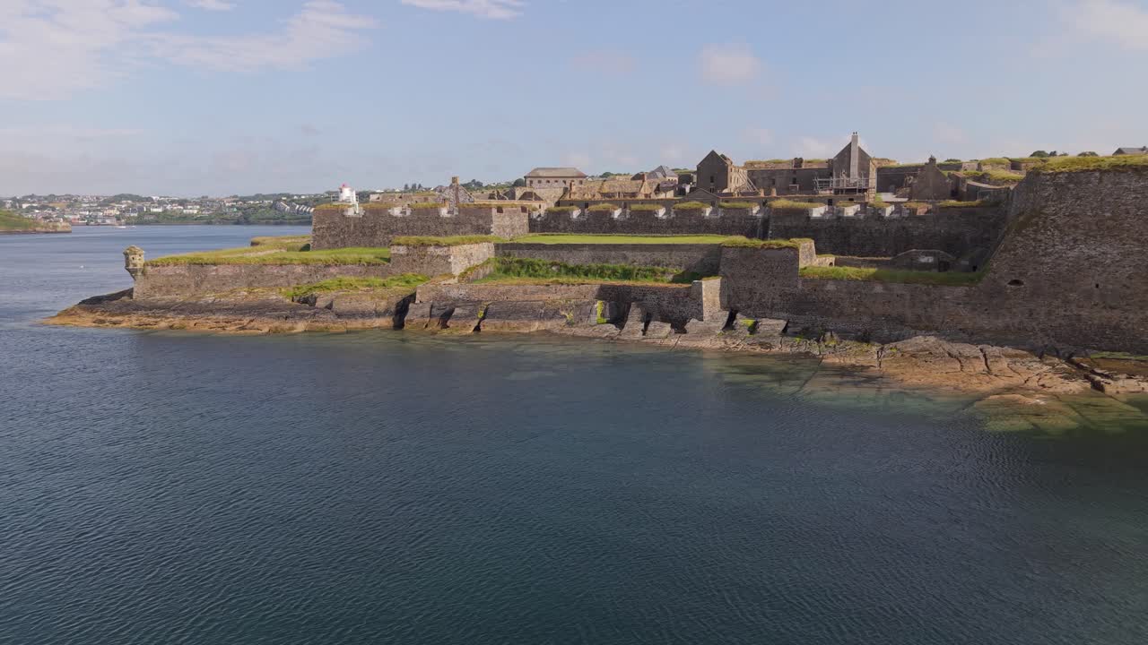 Aerial view of Charles Fort, star-shaped, coastal, tranquil mood