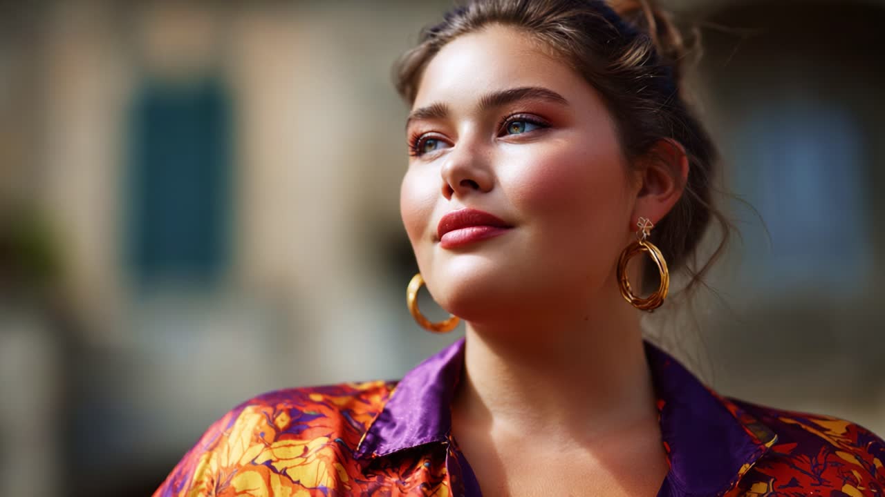 Ritratto accattivante di una giovane donna sicura di sé con un audace look alla moda caratterizzato da colori vivaci e gioielli vistosi su uno sfondo sfocato