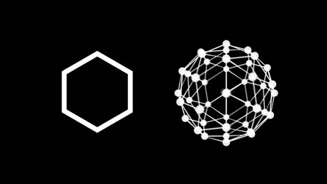 Globe-of-connected-dots-spinning-and-abstract-hexagonal-shape-against-black-background