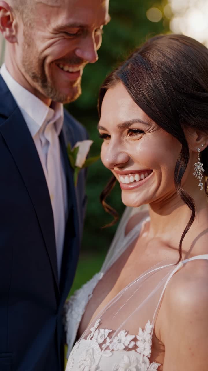 Uma cena de casamento romântica com um casal sob um arco floral ao pôr do sol