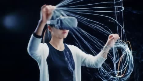 a woman explores virtual reality as she creates intricate digital art. set in a modern tech event, her movements interact with light trails in the air, showcasing innovative technology.