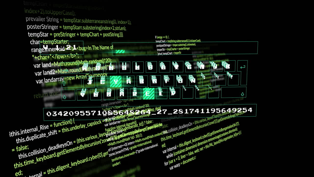 Animation of digital code and icons floating over green text on black background