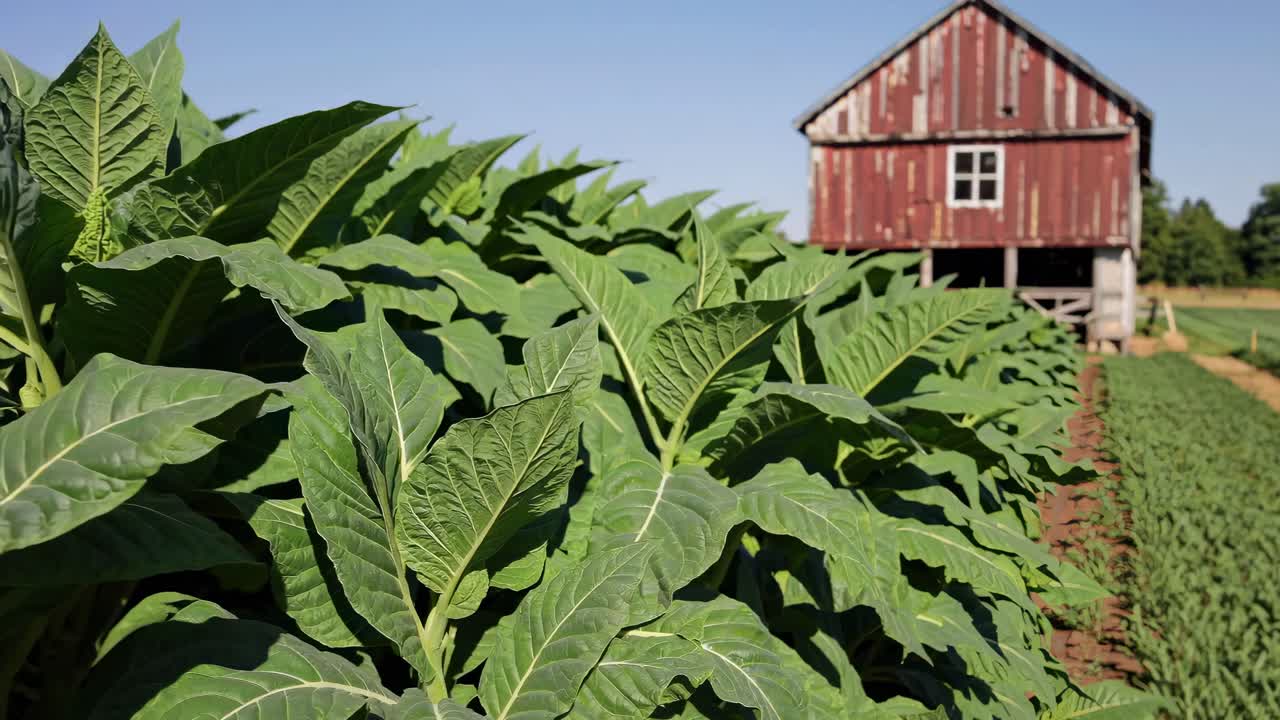 Low-angle video shot of lush green tobacco plants leading to a rustic red barn under a clear blue