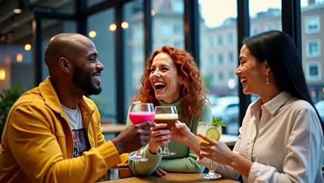 three people are sitting at a table, laughing and drinking