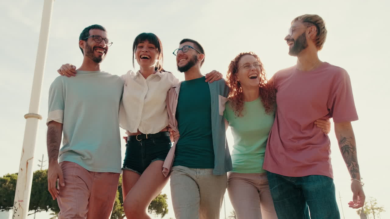 Happy Friends Walking and Laughing Together